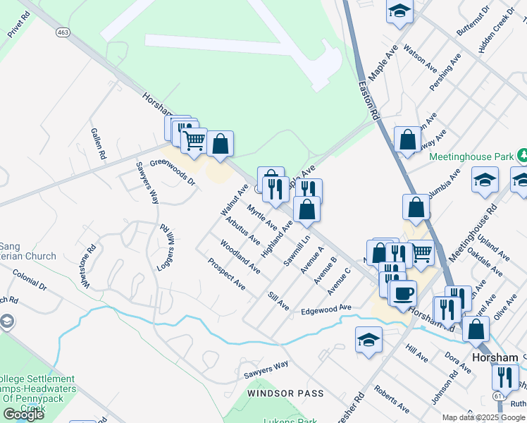 map of restaurants, bars, coffee shops, grocery stores, and more near 406 Maple Avenue in Horsham
