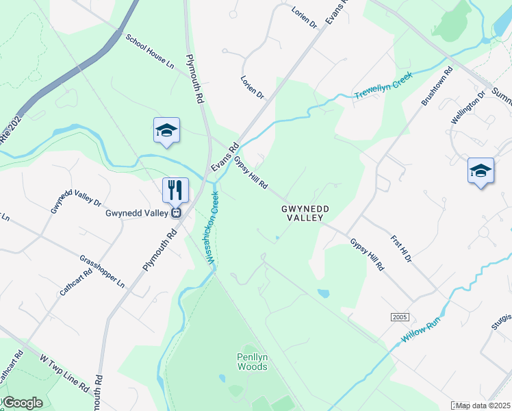 map of restaurants, bars, coffee shops, grocery stores, and more near 1336 Gypsy Hill Road in Gwynedd Valley