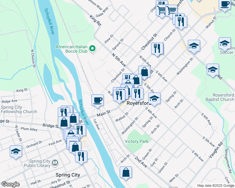 map of restaurants, bars, coffee shops, grocery stores, and more near 312 Church Street in Royersford