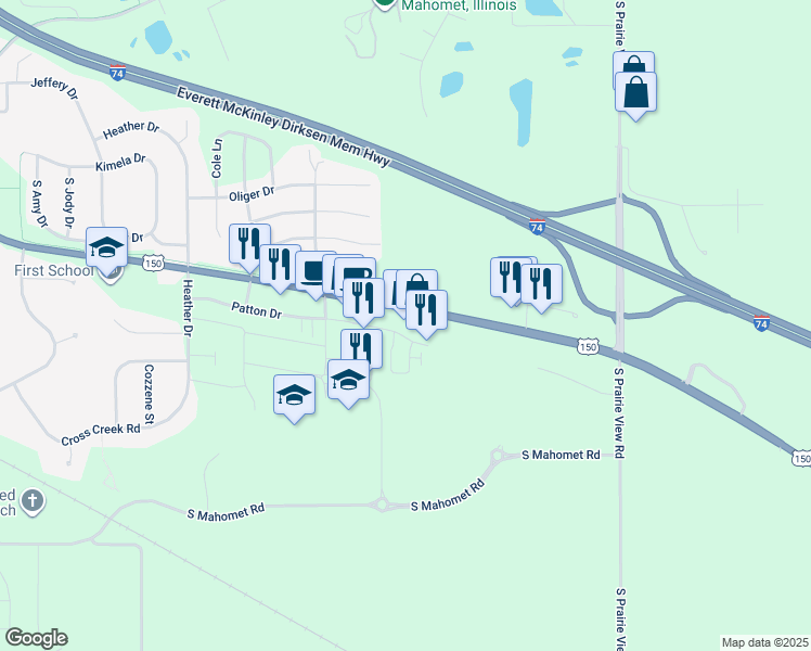 map of restaurants, bars, coffee shops, grocery stores, and more near 1549 East Oak Street in Mahomet