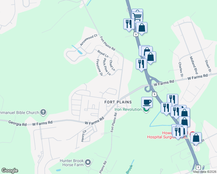 map of restaurants, bars, coffee shops, grocery stores, and more near 63 Ruffian Way in Howell Township