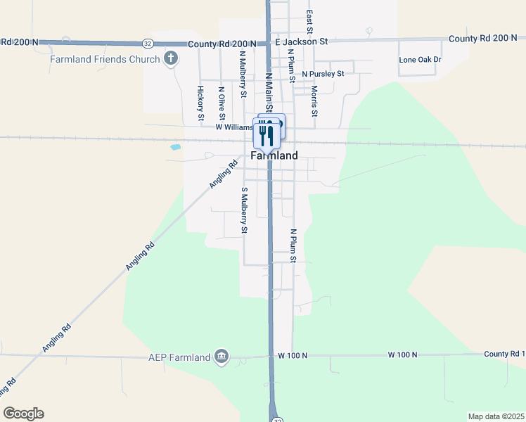 map of restaurants, bars, coffee shops, grocery stores, and more near 308 South Main Street in Farmland