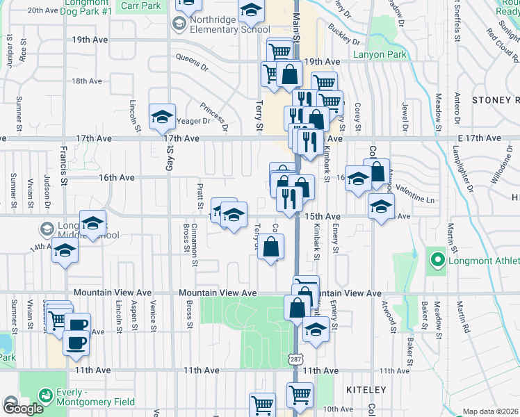 map of restaurants, bars, coffee shops, grocery stores, and more near 721 15th Avenue in Longmont