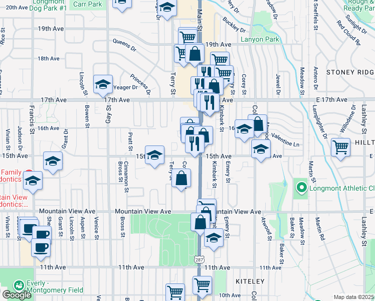 map of restaurants, bars, coffee shops, grocery stores, and more near 630 15th Avenue in Longmont
