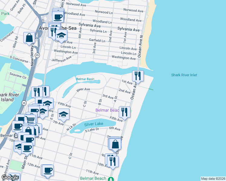map of restaurants, bars, coffee shops, grocery stores, and more near 12 A Street in Belmar