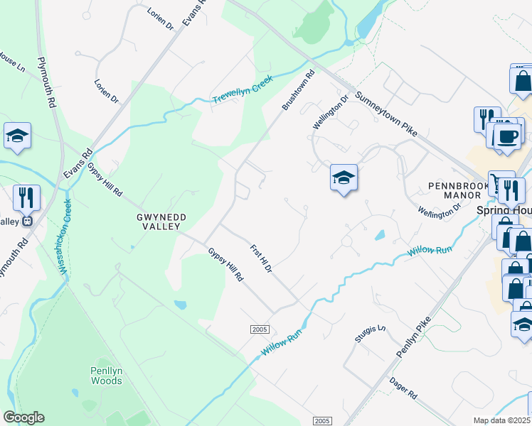 map of restaurants, bars, coffee shops, grocery stores, and more near 790 Brushtown Road in Spring House