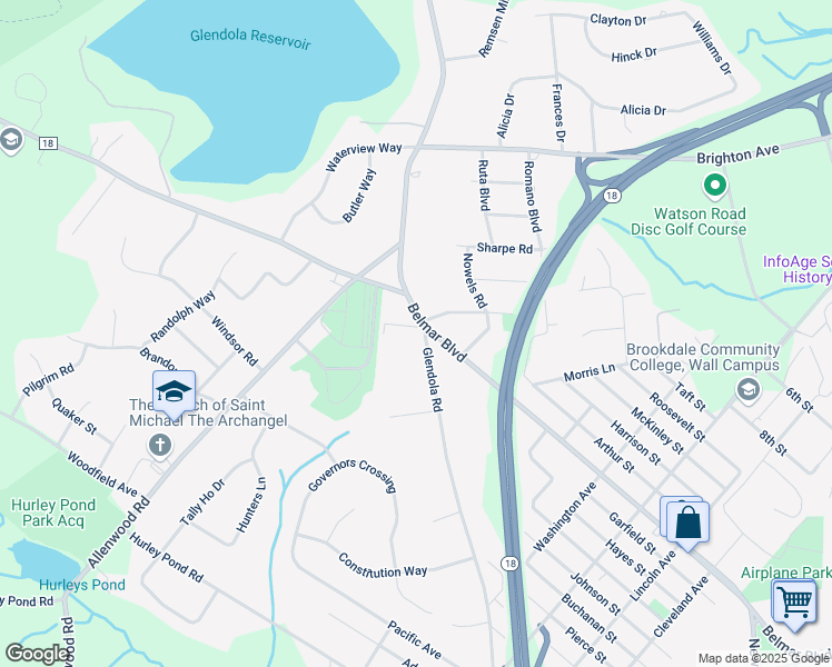 map of restaurants, bars, coffee shops, grocery stores, and more near 1601 Glendola Road in Wall Township