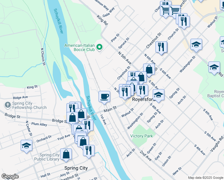 map of restaurants, bars, coffee shops, grocery stores, and more near 131 North 3rd Avenue in Royersford