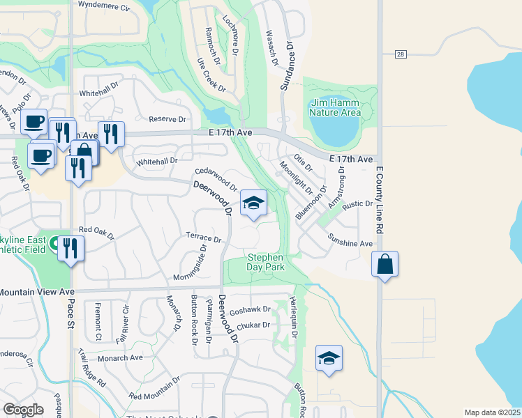 map of restaurants, bars, coffee shops, grocery stores, and more near 1669 Cedarwood Drive in Longmont