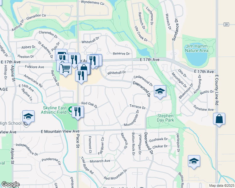 map of restaurants, bars, coffee shops, grocery stores, and more near 1500 Redtail Court in Longmont