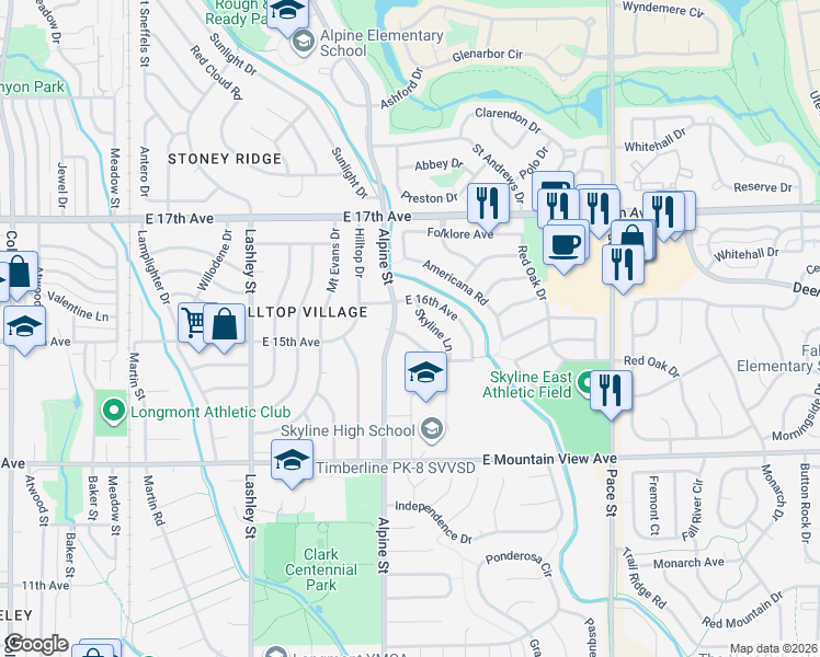 map of restaurants, bars, coffee shops, grocery stores, and more near 1466 Alpine Street in Longmont