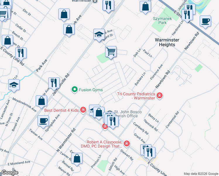 map of restaurants, bars, coffee shops, grocery stores, and more near 19 Hart Street in Warminster