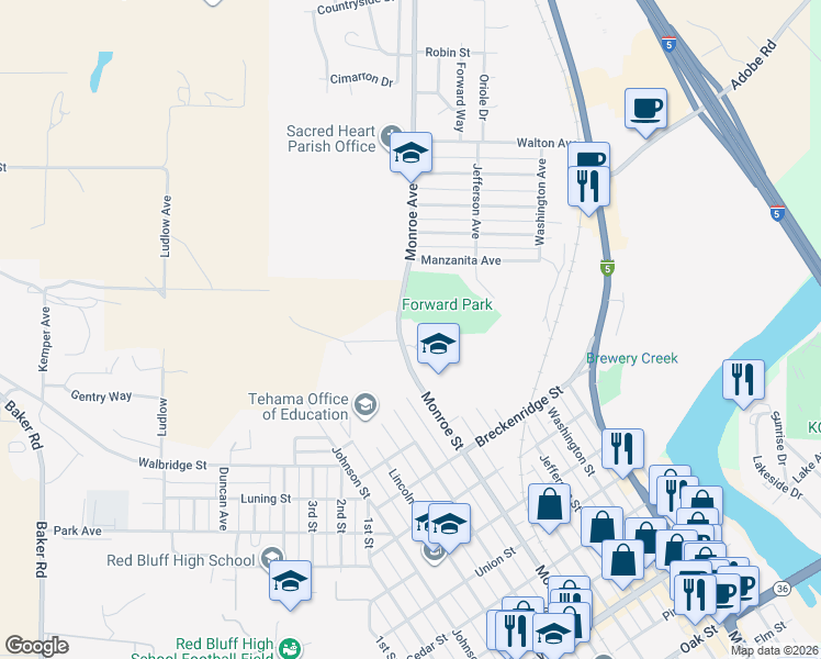 map of restaurants, bars, coffee shops, grocery stores, and more near 1850 Monroe Street in Red Bluff