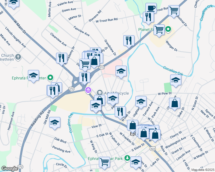 map of restaurants, bars, coffee shops, grocery stores, and more near 121 Martin Avenue in Ephrata
