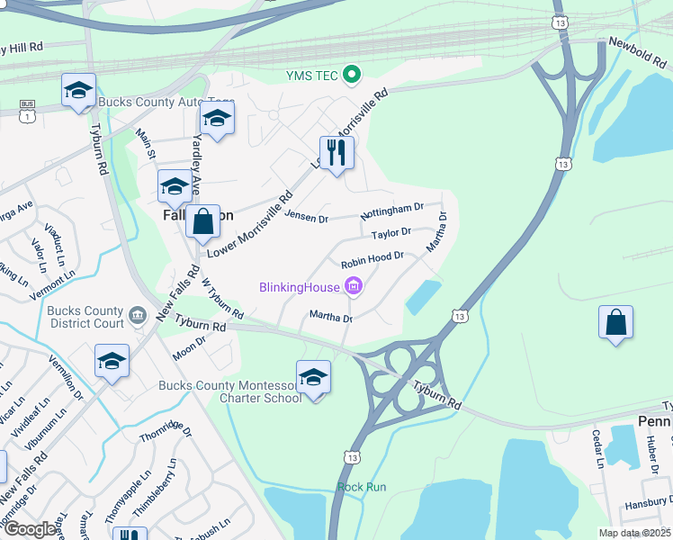 map of restaurants, bars, coffee shops, grocery stores, and more near 1 Robin Hood Drive in Levittown