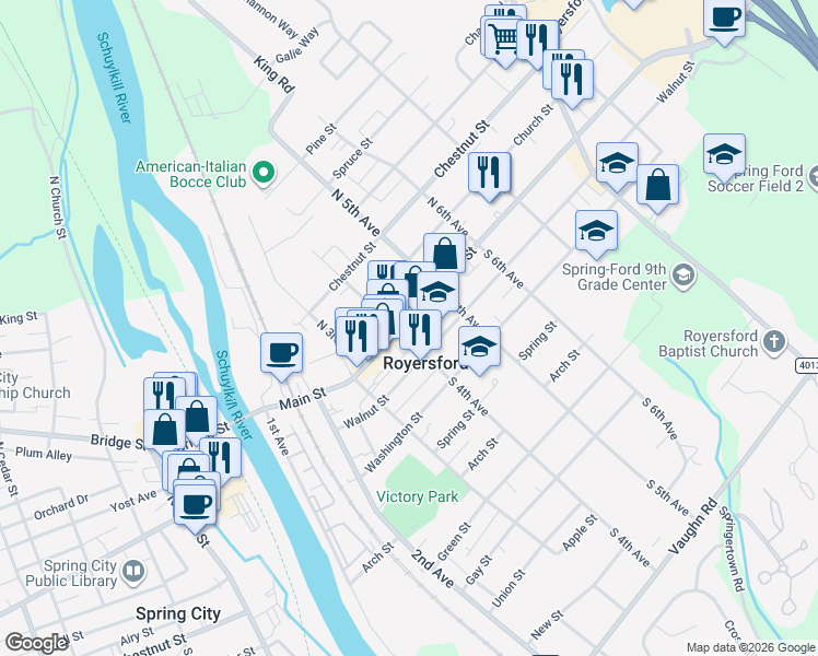 map of restaurants, bars, coffee shops, grocery stores, and more near in Royersford