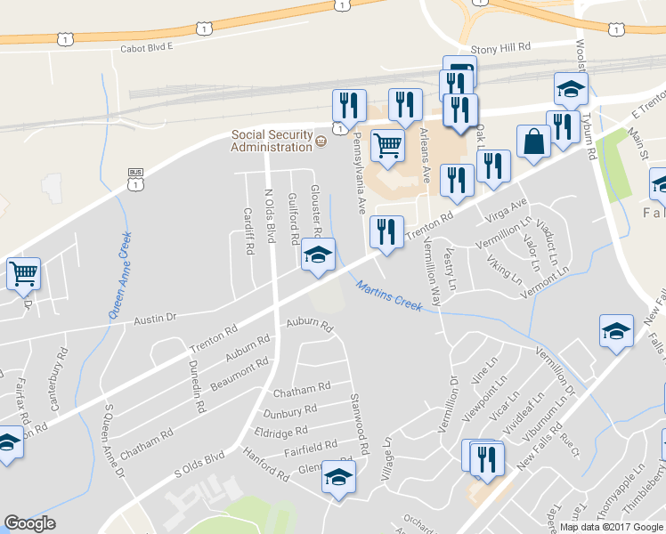 map of restaurants, bars, coffee shops, grocery stores, and more near 855 Trenton Road in Fairless Hills