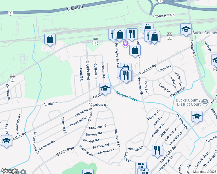 map of restaurants, bars, coffee shops, grocery stores, and more near 855 Trenton Road in Fairless Hills