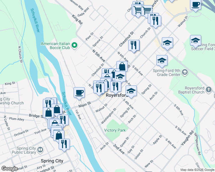 map of restaurants, bars, coffee shops, grocery stores, and more near 327 Main Street in Royersford