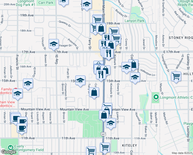 map of restaurants, bars, coffee shops, grocery stores, and more near 630 15th Avenue in Longmont
