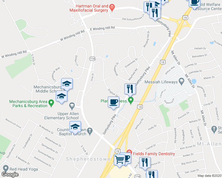 map of restaurants, bars, coffee shops, grocery stores, and more near 1805 English Drive in Mechanicsburg