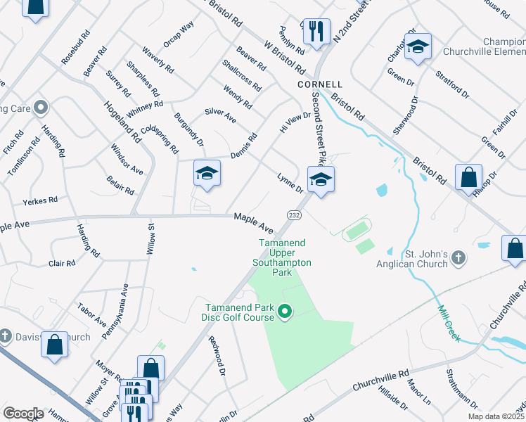 map of restaurants, bars, coffee shops, grocery stores, and more near 1215 Stuart Lane in Southampton