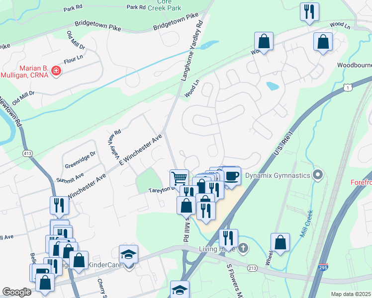 map of restaurants, bars, coffee shops, grocery stores, and more near 829 Saint James Drive in Langhorne