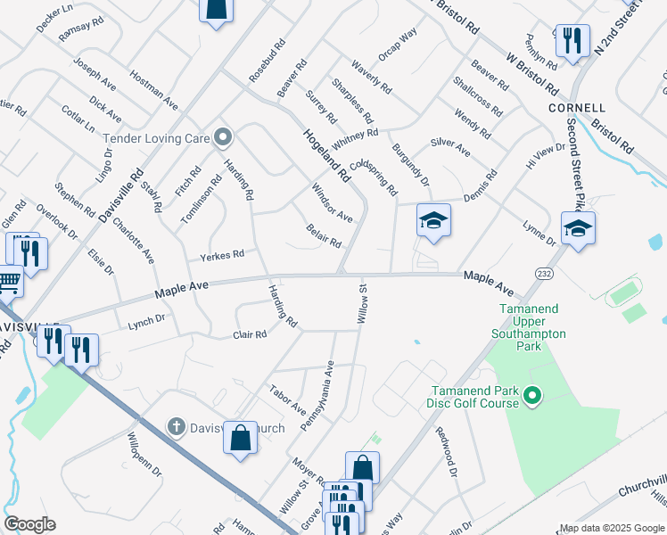 map of restaurants, bars, coffee shops, grocery stores, and more near 456 Hogeland Road in Southampton
