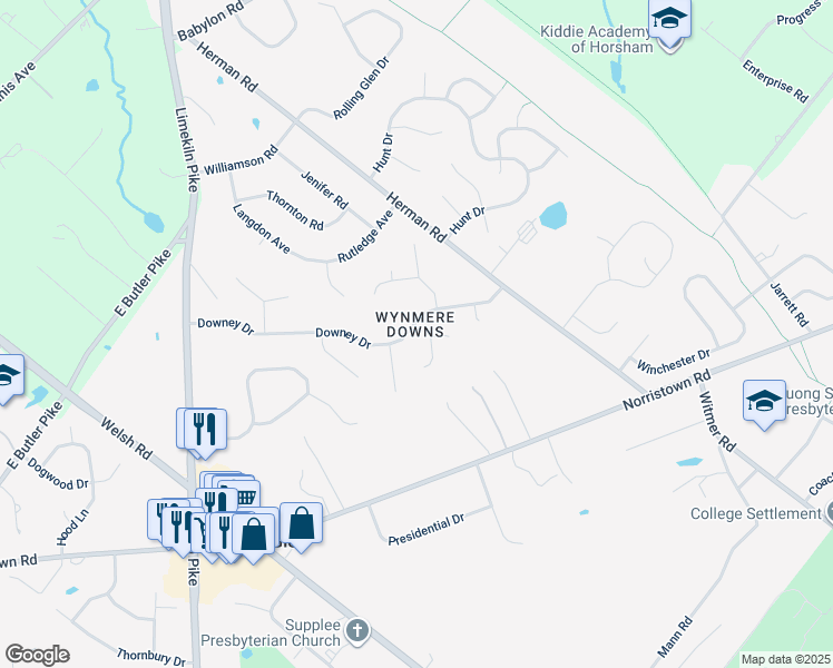 map of restaurants, bars, coffee shops, grocery stores, and more near 20 Downey Drive in Horsham