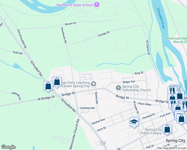 map of restaurants, bars, coffee shops, grocery stores, and more near 53 Jefferson Drive in Spring City