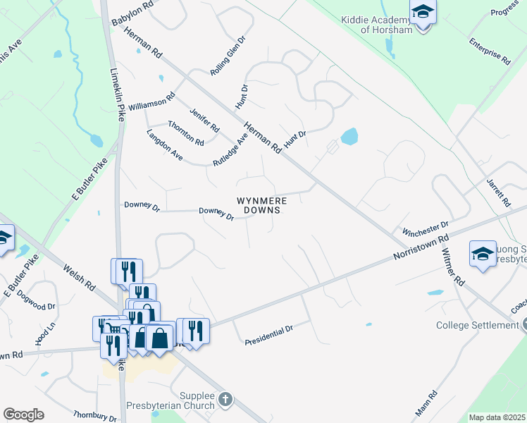 map of restaurants, bars, coffee shops, grocery stores, and more near 20 Downey Drive in Horsham