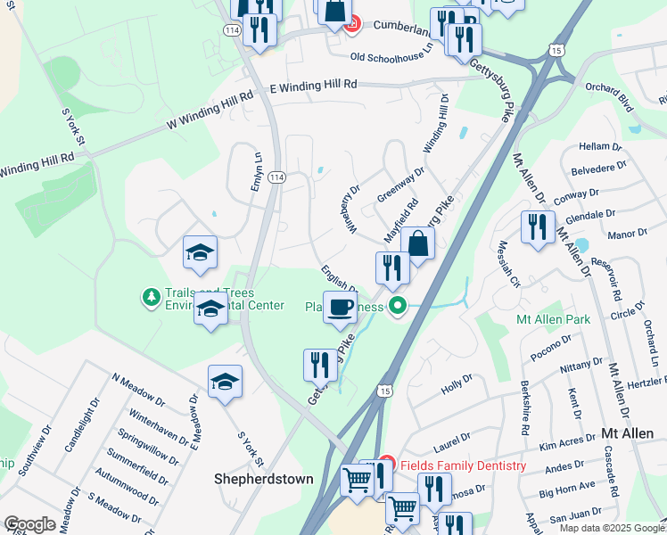 map of restaurants, bars, coffee shops, grocery stores, and more near 1805 English Drive in Mechanicsburg