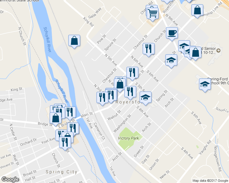 map of restaurants, bars, coffee shops, grocery stores, and more near 341 Summer Street in Royersford