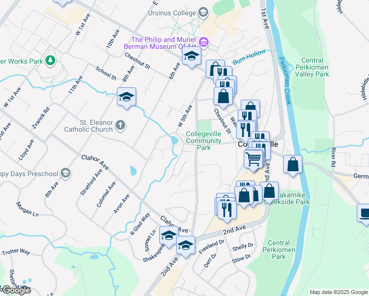 map of restaurants, bars, coffee shops, grocery stores, and more near 237 Militia Court in Collegeville