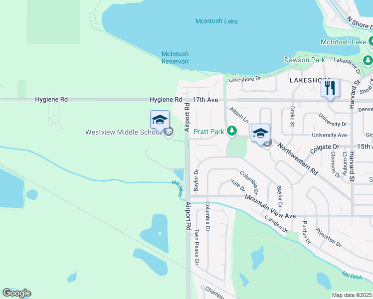 map of restaurants, bars, coffee shops, grocery stores, and more near 1651 Airport Road in Longmont