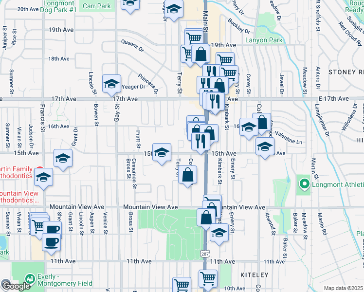 map of restaurants, bars, coffee shops, grocery stores, and more near 721 15th Avenue in Longmont