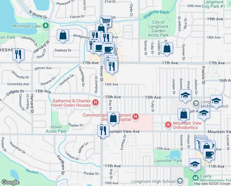 map of restaurants, bars, coffee shops, grocery stores, and more near 2200 15th Avenue in Longmont