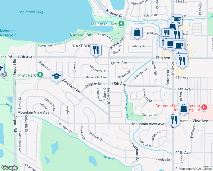 map of restaurants, bars, coffee shops, grocery stores, and more near 1451 Harvard Street in Longmont