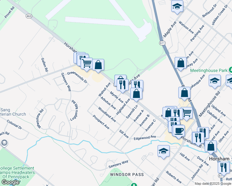 map of restaurants, bars, coffee shops, grocery stores, and more near 406 Maple Avenue in Horsham