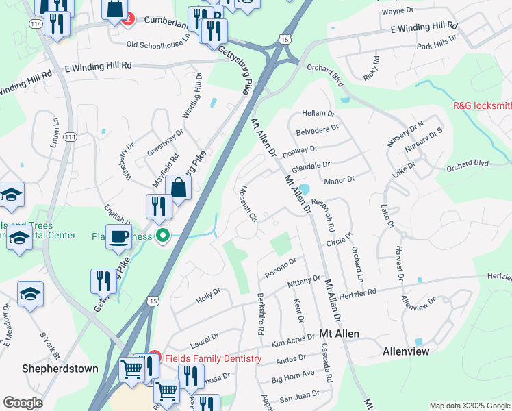 map of restaurants, bars, coffee shops, grocery stores, and more near 100 Mount Allen Drive in Mechanicsburg