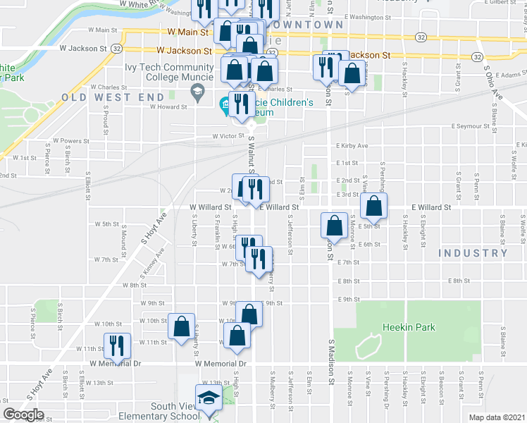 map of restaurants, bars, coffee shops, grocery stores, and more near 1124 South Walnut Street in Muncie