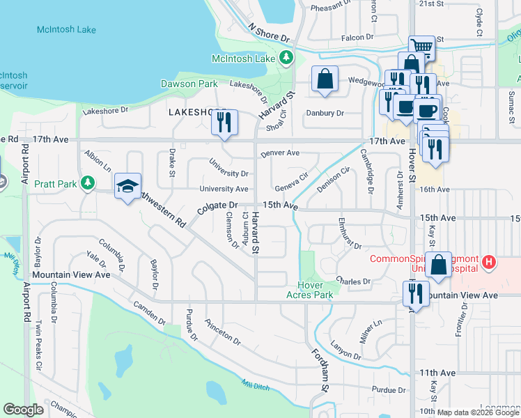 map of restaurants, bars, coffee shops, grocery stores, and more near 1451 Harvard Street in Longmont