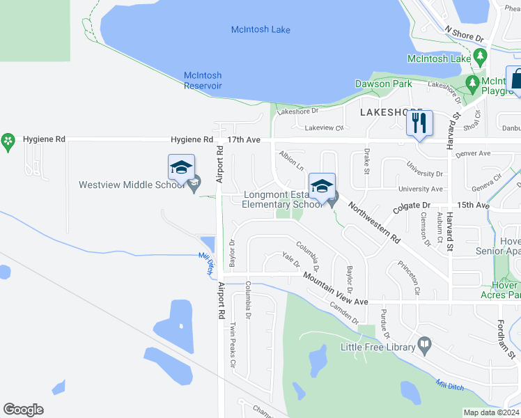 map of restaurants, bars, coffee shops, grocery stores, and more near 3723 Findlay Lane in Longmont