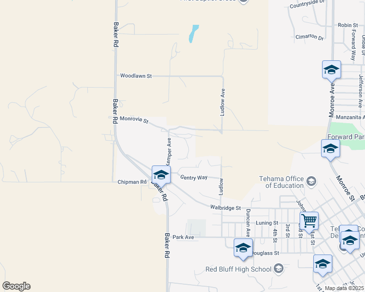 map of restaurants, bars, coffee shops, grocery stores, and more near 1810 Kemper Avenue in Red Bluff