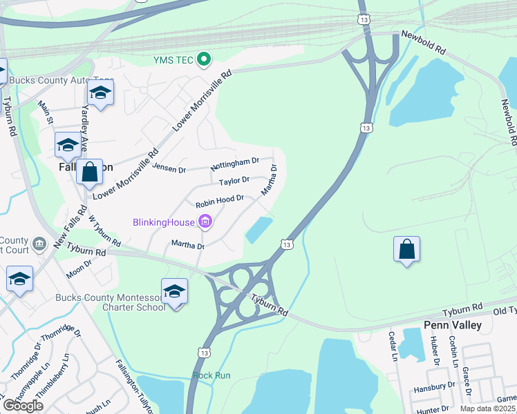 map of restaurants, bars, coffee shops, grocery stores, and more near 96 Martha Drive in Levittown