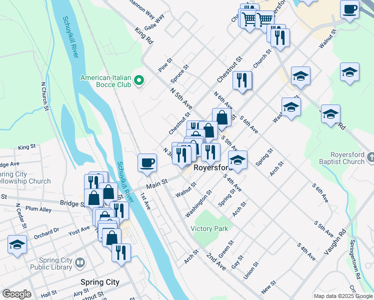 map of restaurants, bars, coffee shops, grocery stores, and more near 341 Summer Street in Royersford