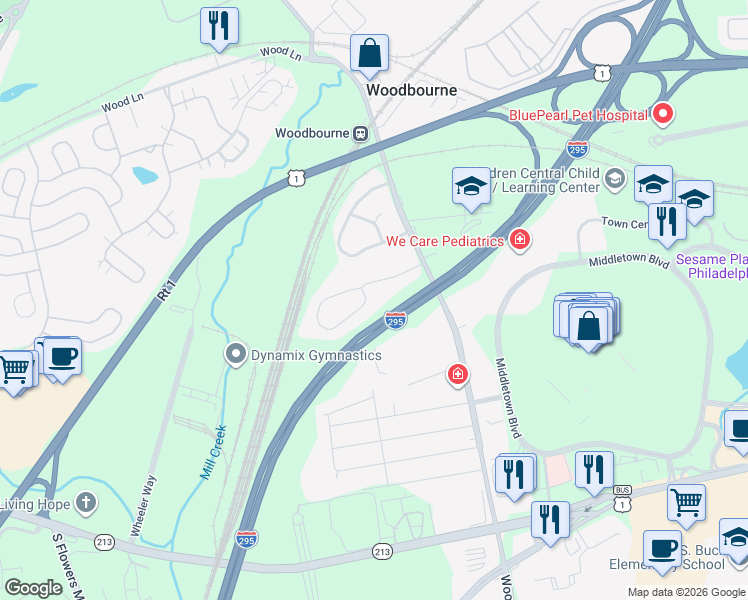 map of restaurants, bars, coffee shops, grocery stores, and more near 1720 Wellington Drive in Langhorne