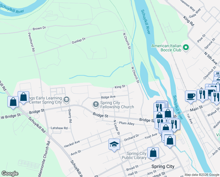 map of restaurants, bars, coffee shops, grocery stores, and more near 365 Ridge Avenue in Spring City