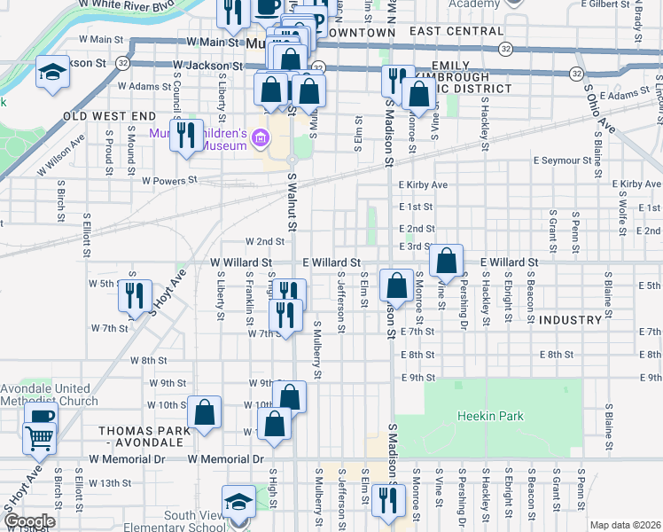 map of restaurants, bars, coffee shops, grocery stores, and more near 1125 South Jefferson Street in Muncie