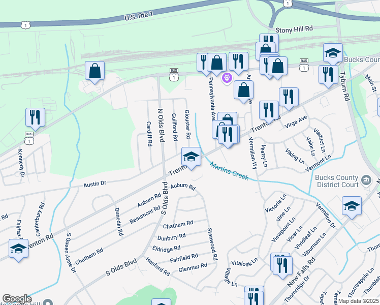 map of restaurants, bars, coffee shops, grocery stores, and more near 838 Austin Drive in Fairless Hills